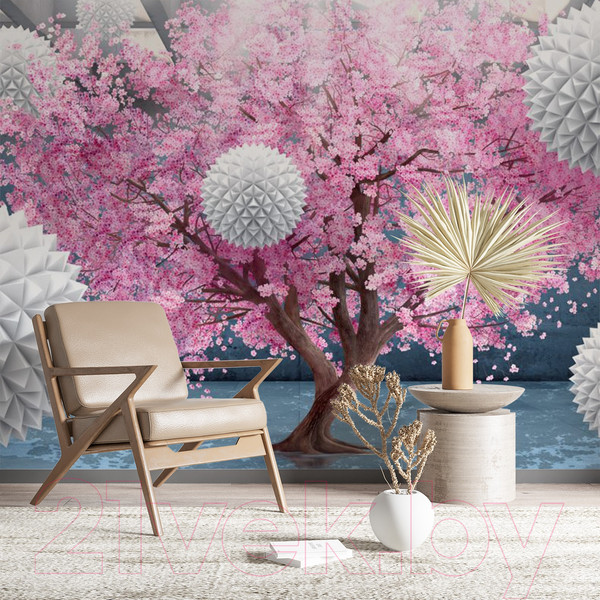 Изображение товара Фотообои листовые ФабрикаФресок 3D Шары на фоне сакуры / 833270 (300x270)