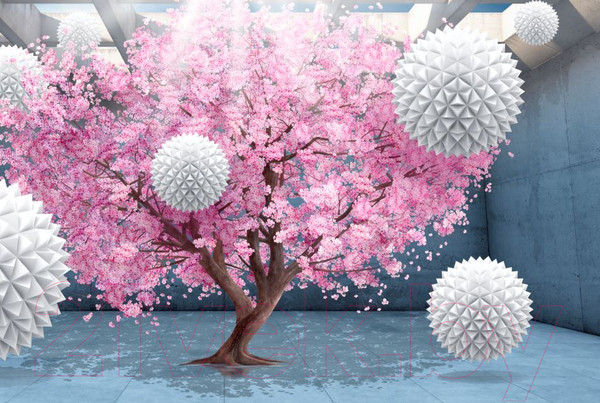 Изображение товара Фотообои листовые ФабрикаФресок 3D Шары на фоне сакуры / 834270 (400x270)