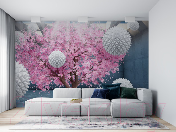 Изображение товара Фотообои листовые ФабрикаФресок 3D Шары на фоне сакуры / 834270 (400x270)