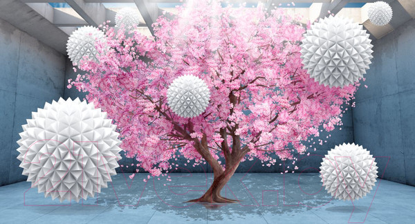 Изображение товара Фотообои листовые ФабрикаФресок 3D Шары на фоне сакуры / 835270 (500x270)