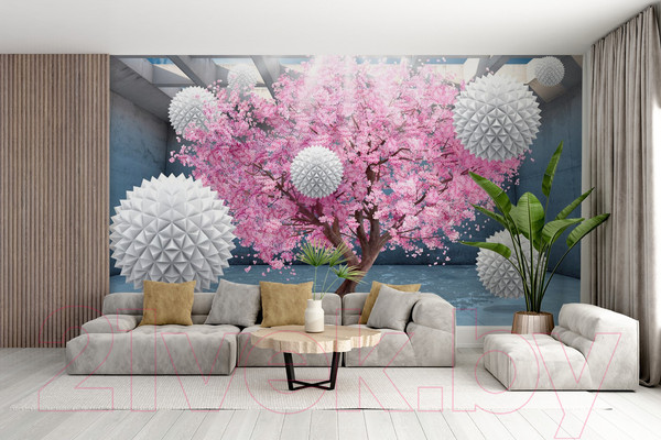 Изображение товара Фотообои листовые ФабрикаФресок 3D Шары на фоне сакуры / 835270 (500x270)