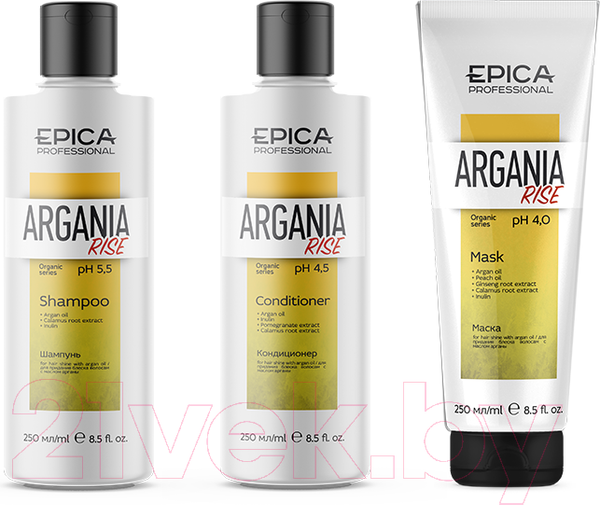 Изображение товара Набор косметики для волос Epica Professional Argania Rise Organic Шампунь+Кондиционер+Маска (250мл+250мл+250мл)