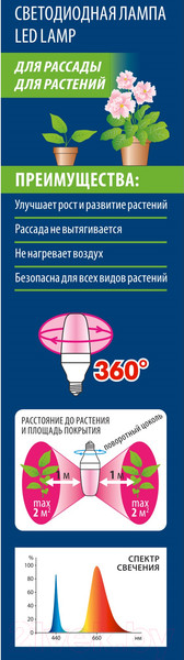 Изображение товара Лампа для растений Uniel LED-B82-12W/SPBR/E27/CL PLP33WH / UL-00007647