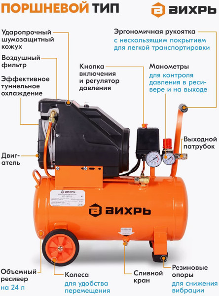 Изображение товара Воздушный компрессор Вихрь КП-195/24 (74/3/20)