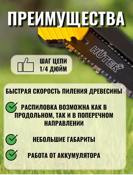 Изображение товара Пила цепная аккумуляторная Huter Аккумуляторная ELS-20-Li-2К (70/10/23)
