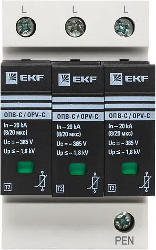 Изображение товара Ограничитель перенапряжения EKF PROxima ОПВ-C 3P 20kA 400В с сигнализацией / opv-с3