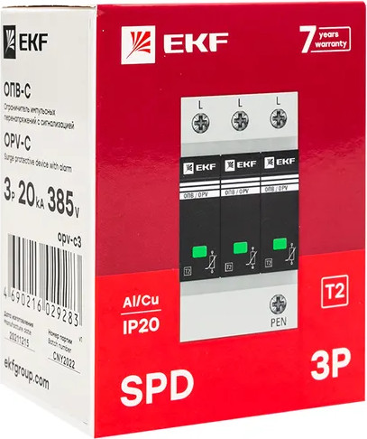Изображение товара Ограничитель перенапряжения EKF PROxima ОПВ-C 3P 20kA 400В с сигнализацией / opv-с3