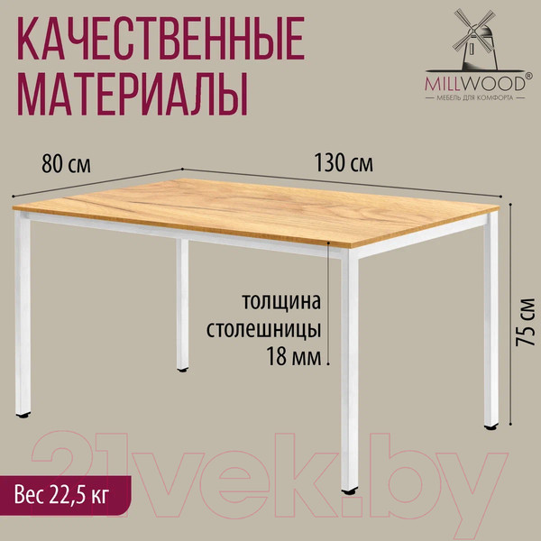 Изображение товара Обеденный стол Millwood Сеул Л 130x80x75 (дуб золотой Craft/металл белый)