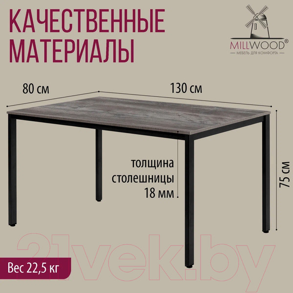 Изображение товара Обеденный стол Millwood Сеул Л 130x80x75 (сосна пасадена/металл черный)