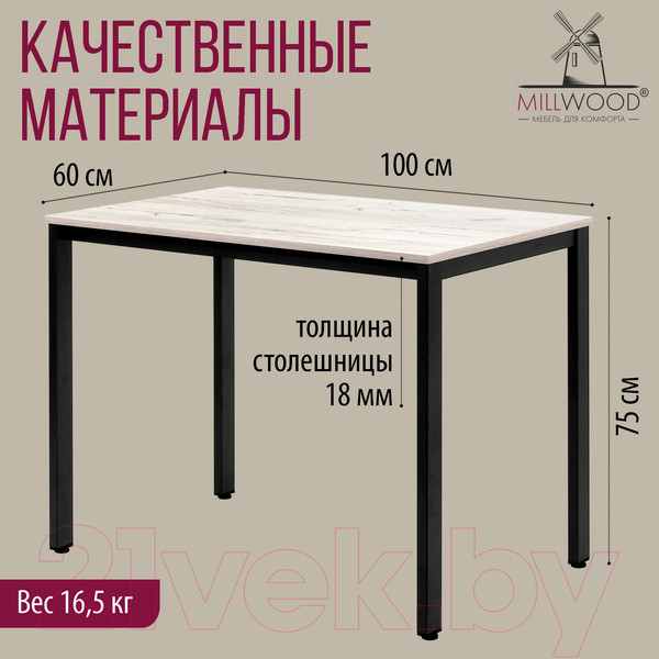 Изображение товара Обеденный стол Millwood Сеул Л 100x60x75 (дуб белый Craft/металл черный)
