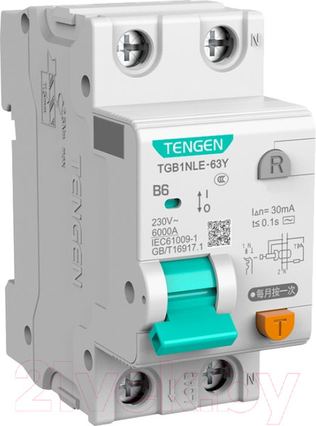 Изображение товара Дифференциальный автомат Tengen TGB1NLE-63Y 1P+N 6A B 6kA 30mA  AC 2M / TEN312110