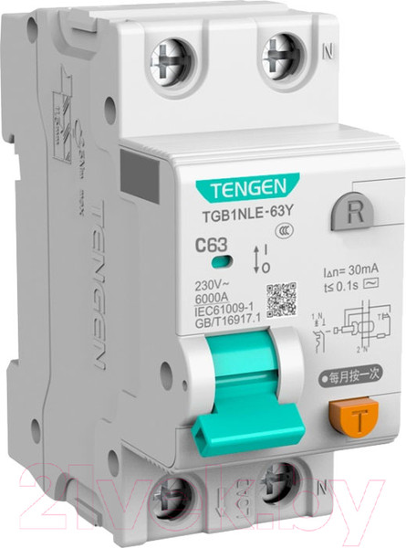 Изображение товара Дифференциальный автомат Tengen TGB1NLE-63Y 1P+N 63A C 6kA 30mA AC 2M / TEN312177
