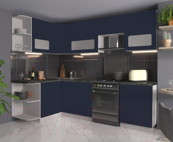 Изображение товара Кухонный гарнитур Интерлиния Мила Матте 1.5x2.6 Б левая (индиго/индиго глянец/кастилло темный)