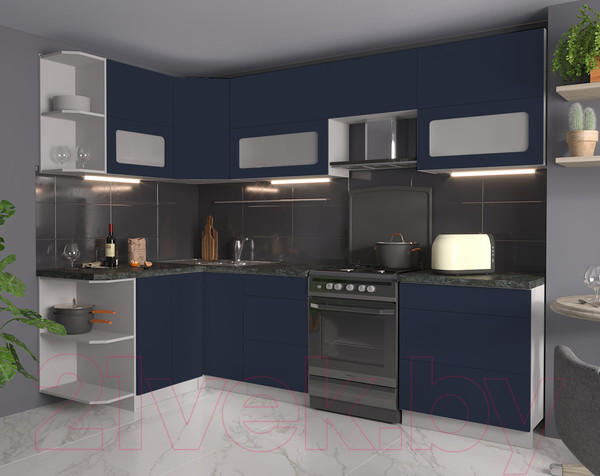 Изображение товара Кухонный гарнитур Интерлиния Мила Матте 1.5x2.7 Б левая (индиго/индиго глянец/кастилло темный)
