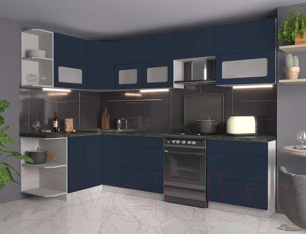 Изображение товара Кухонный гарнитур Интерлиния Мила Матте 1.5x2.9 Б левая (индиго/индиго глянец/кастилло темный)