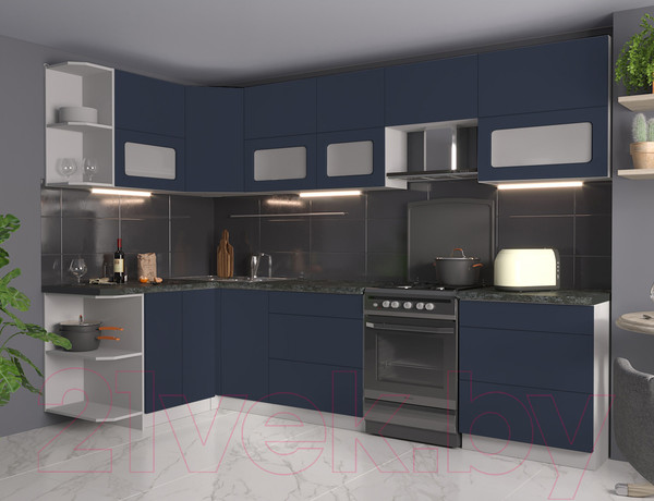 Изображение товара Кухонный гарнитур Интерлиния Мила Матте 1.5x3.0 Б левая (индиго/индиго глянец/кастилло темный)
