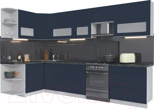 Изображение товара Кухонный гарнитур Интерлиния Мила Матте 1.5x3.3 Б левая (индиго/индиго глянец/кастилло темный)