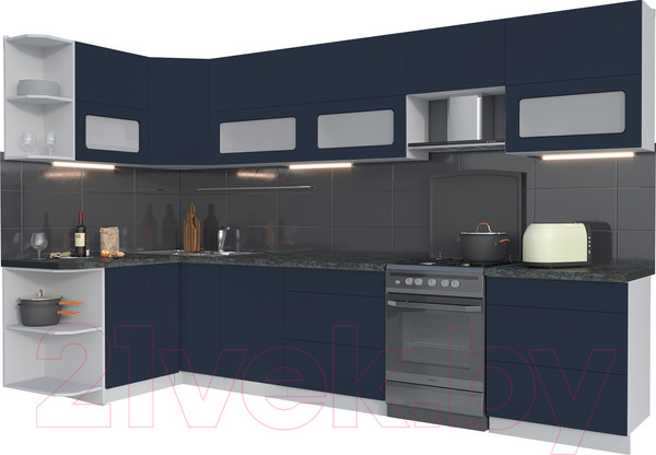Изображение товара Кухонный гарнитур Интерлиния Мила Матте 1.5x3.4 Б левая (индиго/индиго глянец/кастилло темный)