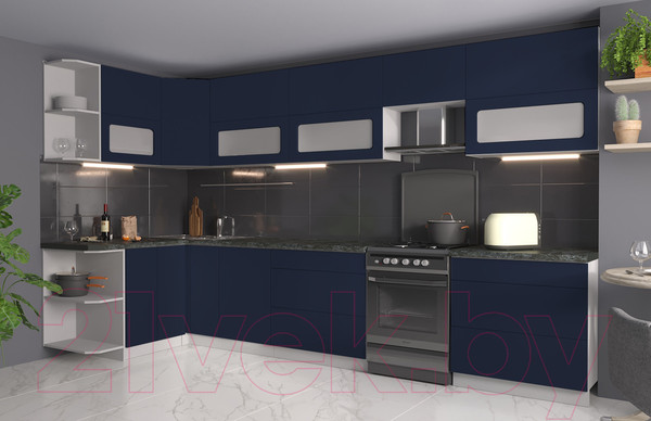 Изображение товара Кухонный гарнитур Интерлиния Мила Матте 1.5x3.6 Б левая (индиго/индиго глянец/кастилло темный)