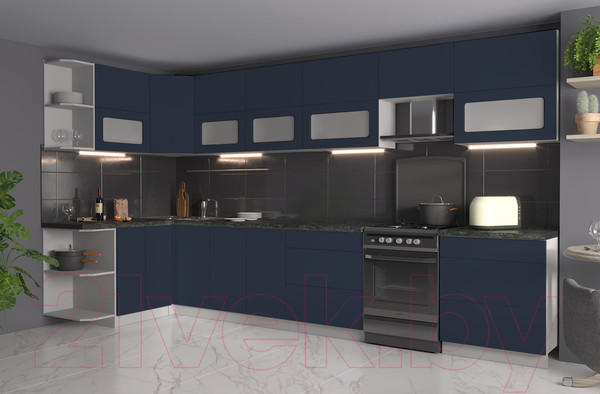 Изображение товара Кухонный гарнитур Интерлиния Мила Матте 1.5x3.8 Б левая (индиго/индиго глянец/кастилло темный)