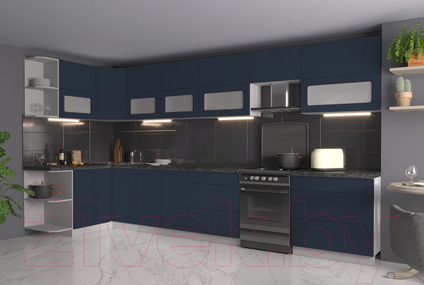 Изображение товара Кухонный гарнитур Интерлиния Мила Матте 1.5x3.9 Б левая (индиго/индиго глянец/кастилло темный)