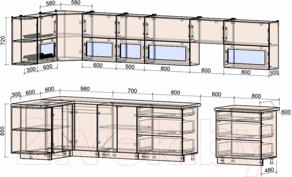 Изображение товара Кухонный гарнитур Интерлиния Мила Матте 1.5x3.9 Б левая (индиго/индиго глянец/кастилло темный)