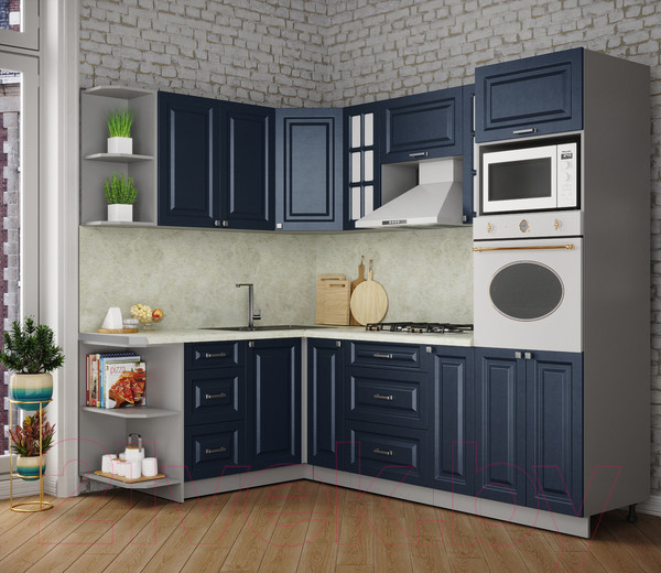 Изображение товара Кухонный гарнитур Интерлиния Мила Деко 1.68x2.4 левая (индиго/индиго/опал светлый)