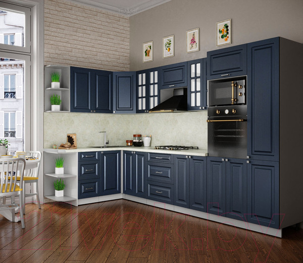 Изображение товара Кухонный гарнитур Интерлиния Мила Деко 1.68x3.4 левая (индиго/индиго/опал светлый)