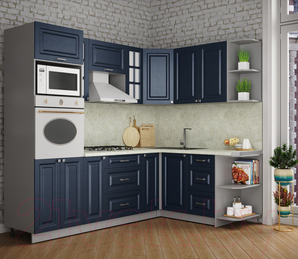 Изображение товара Кухонный гарнитур Интерлиния Мила Деко 1.68x2.4 правая (индиго/индиго/опал светлый)