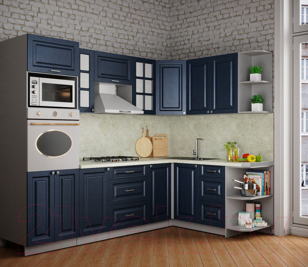 Изображение товара Кухонный гарнитур Интерлиния Мила Деко 1.68x2.6 правая (индиго/индиго/опал светлый)