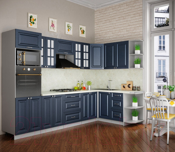 Изображение товара Кухонный гарнитур Интерлиния Мила Деко 1.68x3.0 правая (индиго/индиго/опал светлый)