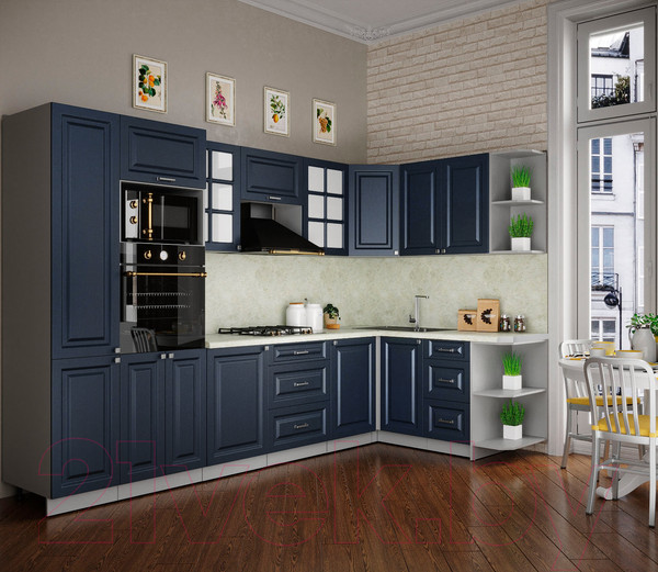 Изображение товара Кухонный гарнитур Интерлиния Мила Деко 1.68x3.2 правая (индиго/индиго/опал светлый)