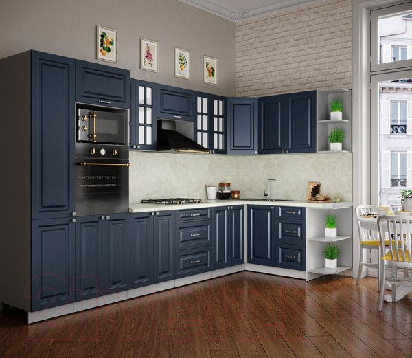 Изображение товара Кухонный гарнитур Интерлиния Мила Деко 1.68x3.4 правая (индиго/индиго/опал светлый)