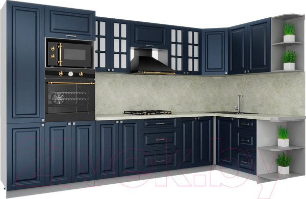 Изображение товара Кухонный гарнитур Интерлиния Мила Деко 1.68x3.4 правая (индиго/индиго/опал светлый)