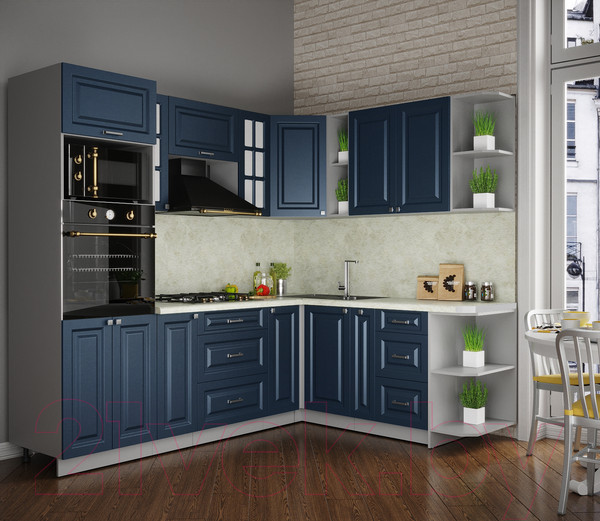 Изображение товара Кухонный гарнитур Интерлиния Мила Деко 1.88x2.4 правая (индиго/индиго/опал светлый)