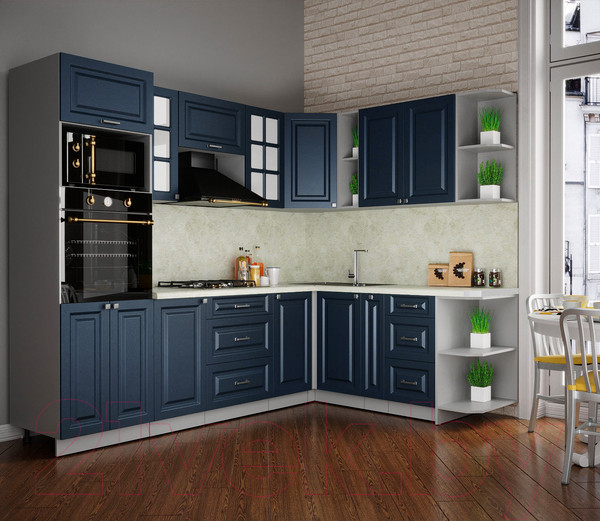 Изображение товара Кухонный гарнитур Интерлиния Мила Деко 1.88x2.6 правая (индиго/индиго/опал светлый)