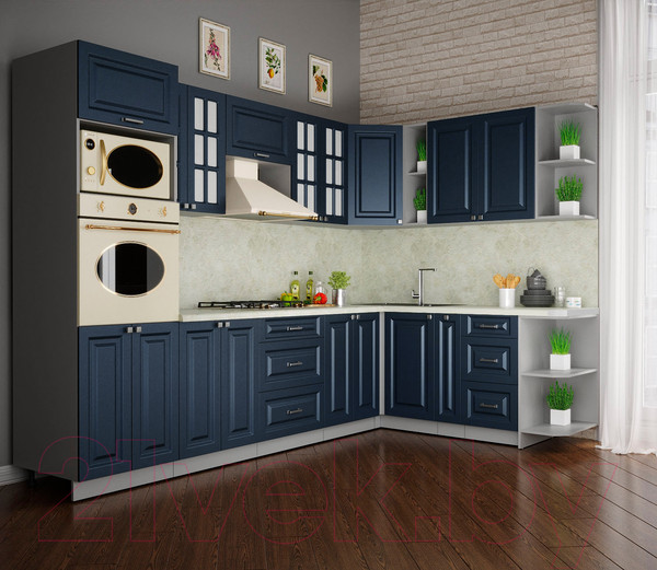 Изображение товара Кухонный гарнитур Интерлиния Мила Деко 1.88x3.0 правая (индиго/индиго/опал светлый)