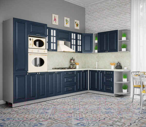 Изображение товара Кухонный гарнитур Интерлиния Мила Деко 1.88x3.4 правая (индиго/индиго/опал светлый)