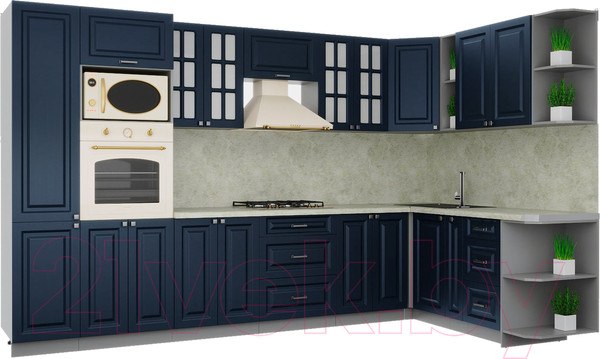 Изображение товара Кухонный гарнитур Интерлиния Мила Деко 1.88x3.4 правая (индиго/индиго/опал светлый)