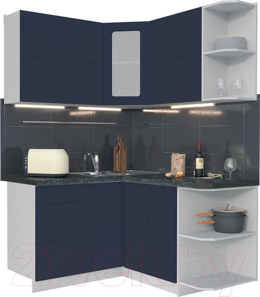 Изображение товара Кухонный гарнитур Интерлиния Мила Матте 1.5x1.4 А правая (индиго/индиго глянец/кастилло темный)