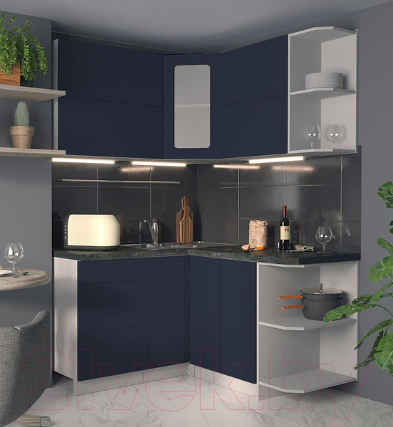Изображение товара Кухонный гарнитур Интерлиния Мила Матте 1.5x1.4 А правая (индиго/индиго глянец/кастилло темный)