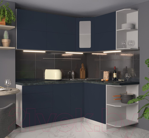 Изображение товара Кухонный гарнитур Интерлиния Мила Матте 1.5x1.9 А правая (индиго/индиго глянец/кастилло темный)