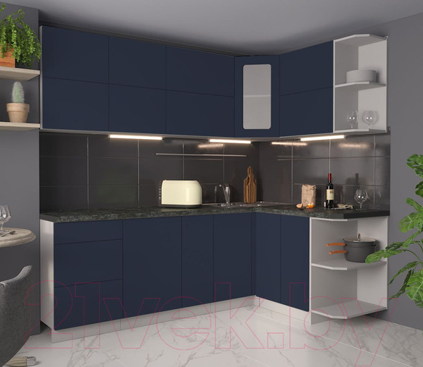Изображение товара Кухонный гарнитур Интерлиния Мила Матте 1.5x2.3 А правая (индиго/индиго глянец/кастилло темный)