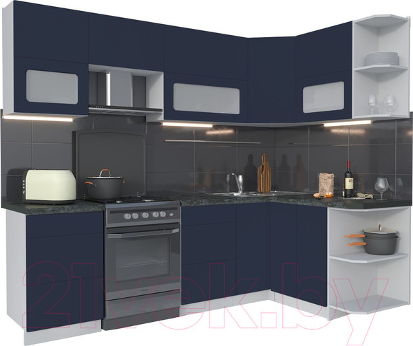 Изображение товара Кухонный гарнитур Интерлиния Мила Матте 1.5x2.5 Б правая (индиго/индиго глянец/кастилло темный)