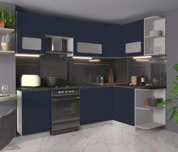 Изображение товара Кухонный гарнитур Интерлиния Мила Матте 1.5x2.5 Б правая (индиго/индиго глянец/кастилло темный)