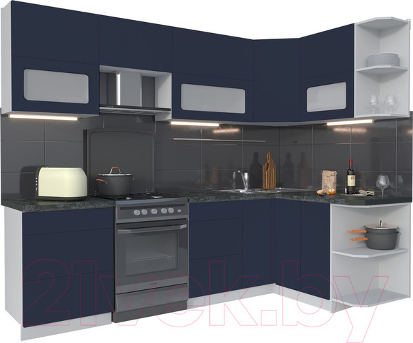Изображение товара Кухонный гарнитур Интерлиния Мила Матте 1.5x2.6 Б правая (индиго/индиго глянец/кастилло темный)
