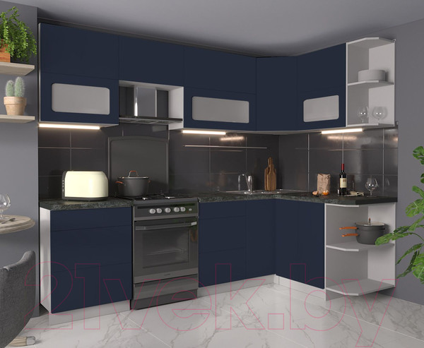 Изображение товара Кухонный гарнитур Интерлиния Мила Матте 1.5x2.6 Б правая (индиго/индиго глянец/кастилло темный)