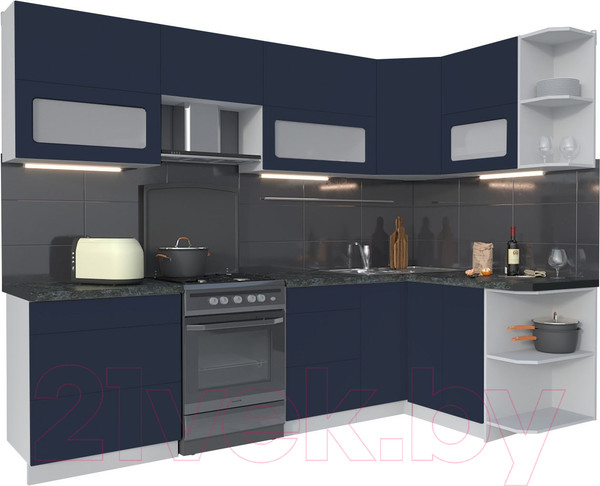Изображение товара Кухонный гарнитур Интерлиния Мила Матте 1.5x2.7 Б правая (индиго/индиго глянец/кастилло темный)