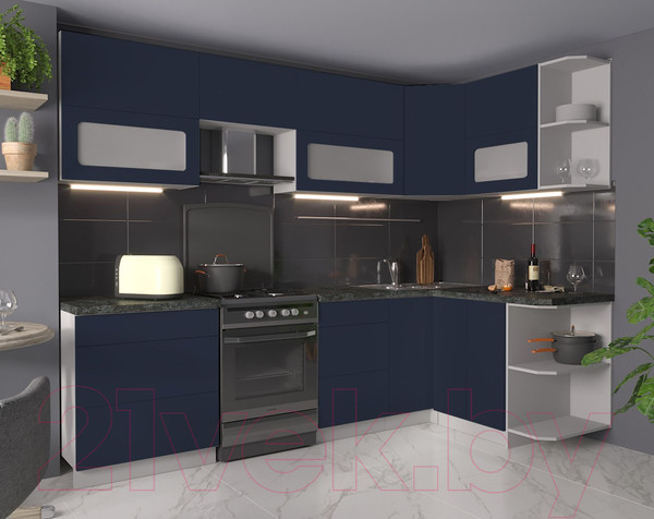 Изображение товара Кухонный гарнитур Интерлиния Мила Матте 1.5x2.7 Б правая (индиго/индиго глянец/кастилло темный)