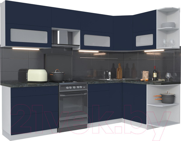 Изображение товара Кухонный гарнитур Интерлиния Мила Матте 1.5x2.8 Б правая (индиго/индиго глянец/кастилло темный)